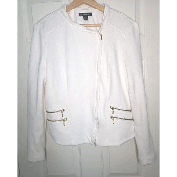 INC International Concepts Lg Women Cotton White Poly Lined Jacket Gold Zippers - Picture 5 of 11